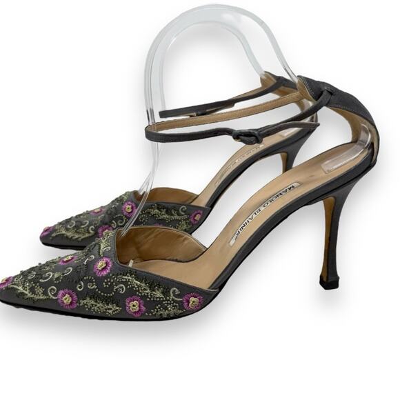 Manolo Blahnik Carolyne Vintage Gray Embroider Floral Slingback Kitten Heel 40.5 - Picture 4 of 13